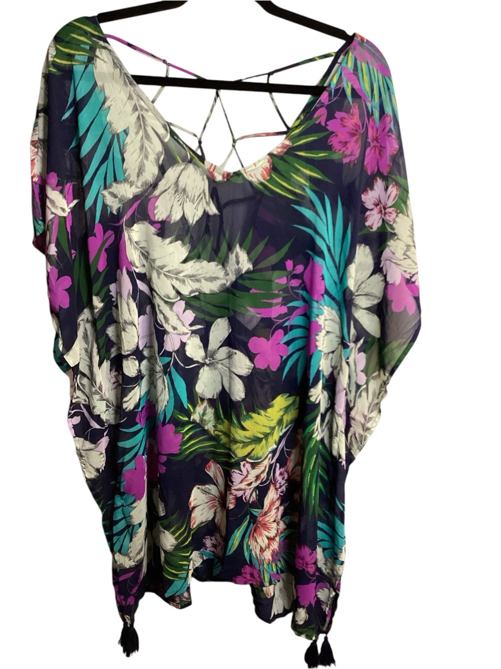Kona Sol Navy Floral Tropical Swim Coverup with Purple & Teal Accents